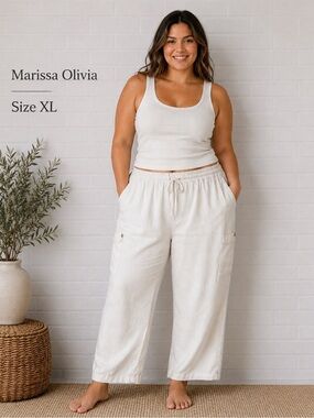 MARISSA OLIVIA tie waist linen colorblock casual coastal white summer pants/XL